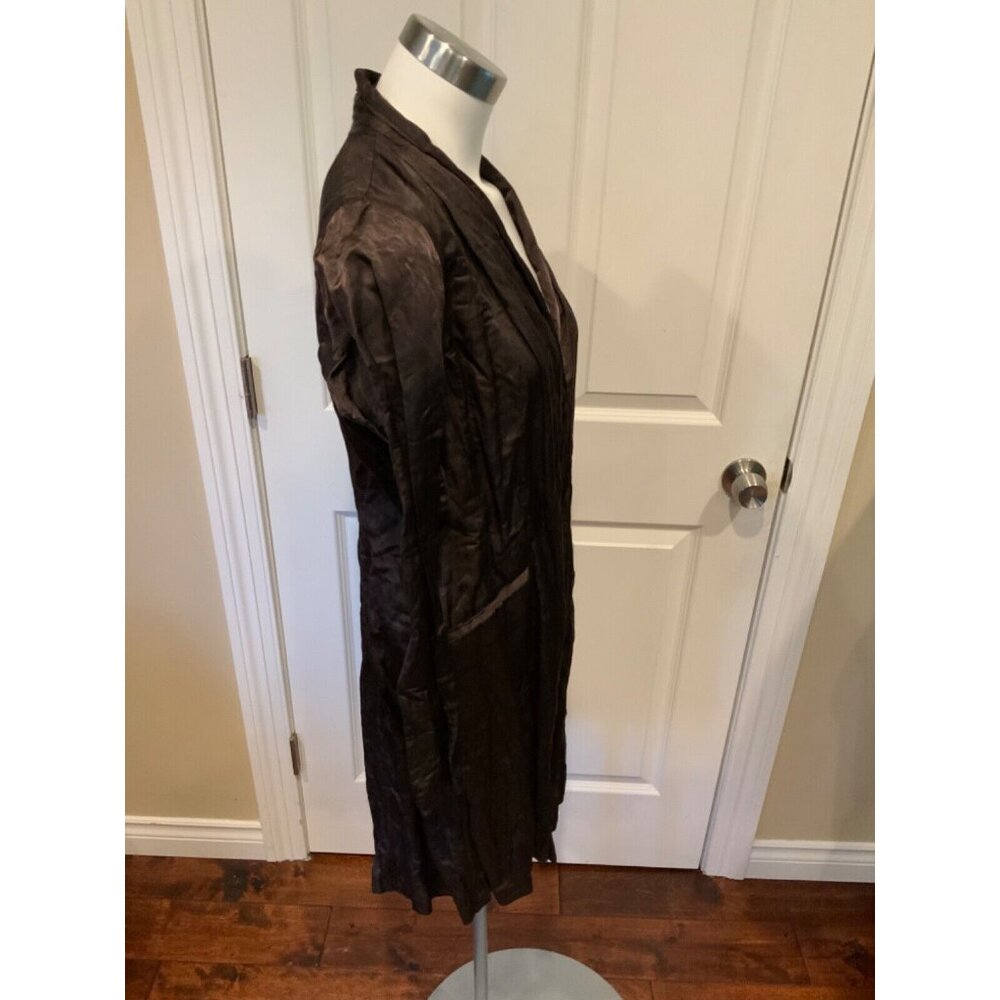 Eileen Fisher Long Brown Silky Snap Button-Up Jacket W/ Rear Vent, Size Medium - Picture 4 of 7